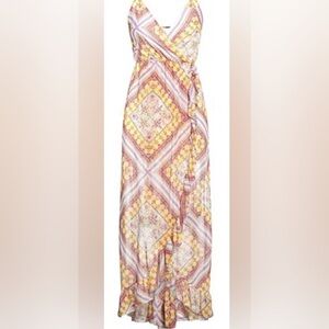 VANESSA SCOTT Sleeveless Yellow/Mauve Multi Abstract Print Wrap Maxi Dress: M